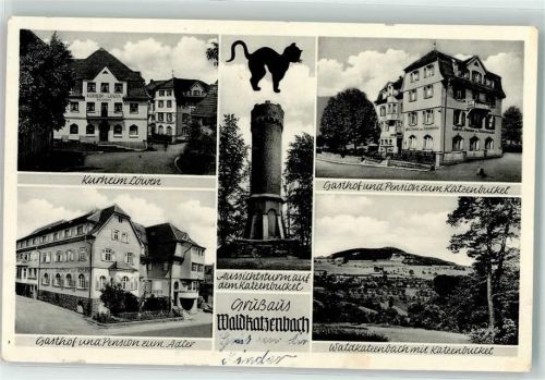 69429 W6935 Waldkatzenbach - Kurheim Löwen Gasthaus u. Pension zum Katzenbuckel Aussichtsturm auf dem Katzenbuckel Gasthaus zum Adler
