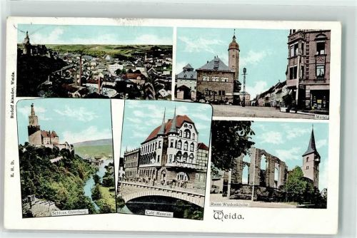 07570 O6518 Weida , Thür 1911 Gebrauchsspuren Bahnpost Werdau Mehltheuer Zug 2258 10.8.1911 Schloss Osterburg Cafe Museum Ruine Wiedenkirche Markt
