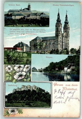 96215 W8620 Roth , Kr Lichtenfels, Bay 1906 - Schloss Banz Kloster Vierzehnheiligen Hausen Staffelberg Mainthal Ruderboot Blumen or Ort lt. Stempel