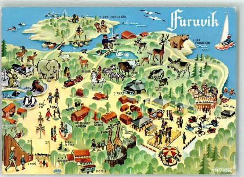 Gävle Furuvik Segelboot Motel Zoo Zirkus See Schwan Giraffe Elefant Achterbahn Elch Park Karussel sign. Harry Lange