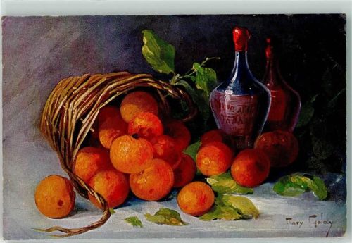 Stilleben Aprikosen Wein Korb sign Mary Galay TSN Serie 1488