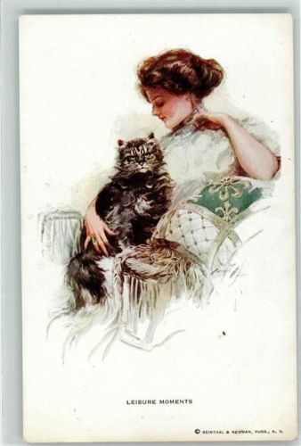 Nr. 199 Frau mit einer Katze - Leisure Moments AK Reinthal u. Newman Künstlerkarte