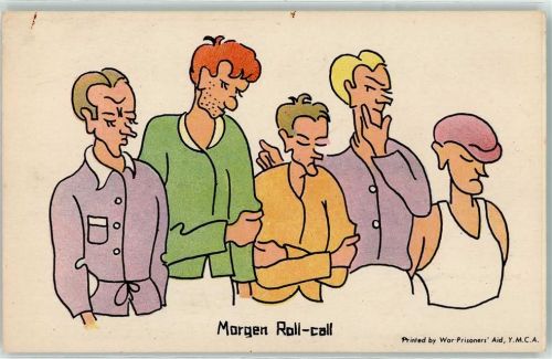 WK II Kriegsgefangenkarte Comic Karten - Morgen Roll-call , War Prisoniers Aid , Y.M.C.A.
