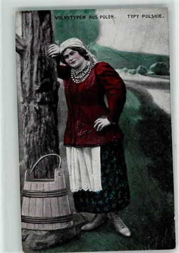 Volkstypen aus Polen Frau Tracht Holzeimer Baum Tracht Polen Künstlerkarte