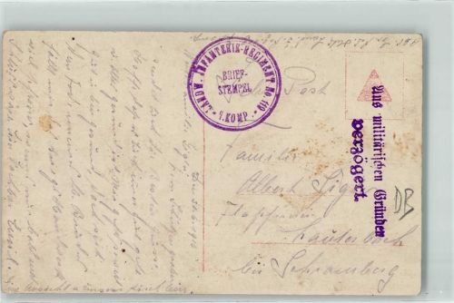 Land. Infanterie-Regiment Nr 119 7. Komp. Stempel aus militärischen Gründen verzögert Kirche Trümmer Feldpoststempel WK I