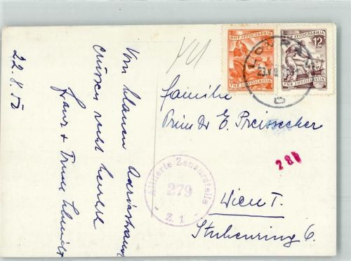 Destination Jugoslawien nach Österreich Wien Stempel Alliierte Zensurstelle 279