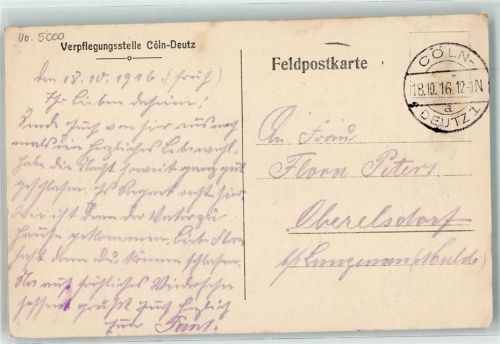 Köln Deutz 105 1916 Feldpost WK I Verpflegungsstelle
