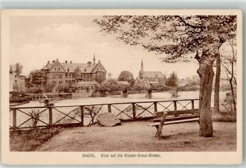 Sagan 1918 Blick auf die Kloster Kreuz Kirche Bank Baum