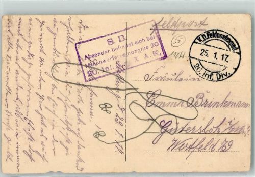 S. B. Absender befindet sich bei Minenwerferkompagnie 20 20. Inf. Batl. X A. K. K.D. Feldpostexp. 20. Inf. Div. Feldpoststempel WK I 1917 Gebrauchsspuren