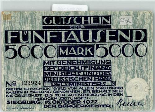 53721 W5200 Siegburg Notgeldschein Notgeld Gutschein Fünftausend Mark
