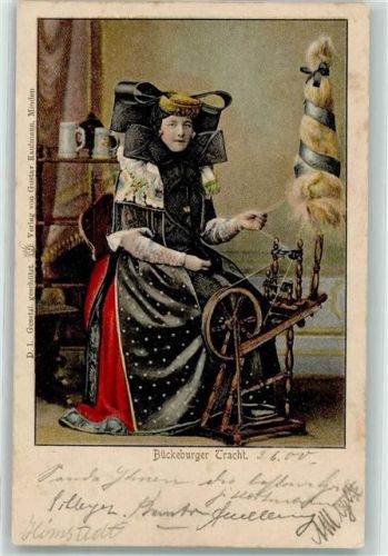 Bückeburg 1900 Spinnerin Spinnrad Bückeburger Tracht