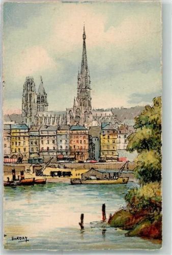 Rouen le Quai de Paris et la Cathedrale sign. Barday