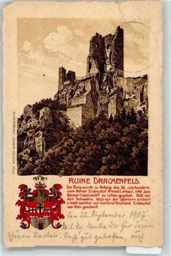 Drachenfels 1907 Ruine Burg Drachenfels mit Wappen Zeichnung
