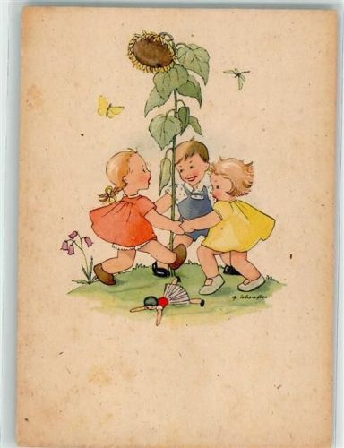 sign. Scheufler Kinder Ringelreihen Puppe Sonnenblume