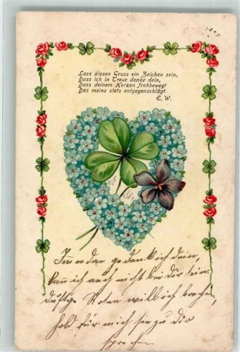1904 Vers Vergissmeinnichtherz Veilchen Blumengirlande Lithographie