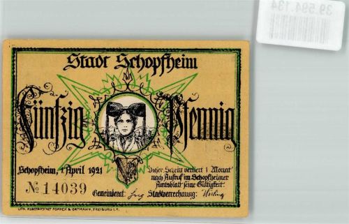 Schopfheim 1921 Schwarzwaldtracht 50 Pfennig Wappen J.P. Hebel