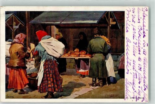 1918 sign. Mikolasch H. Marktszene Brot Bauern