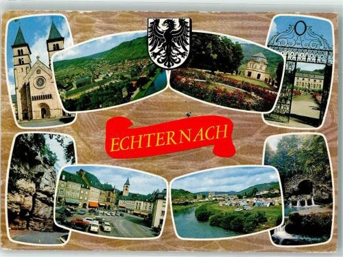 Echternach Kirche Wappen Blumen Tor Parkplatz AUto Camping Zelt Felsen Wasserfall