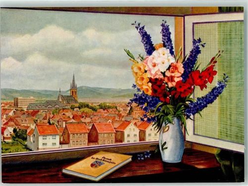 Viernheim sign. Bugert Fensterblick mit Kreuzstraße und Apostelkirche
