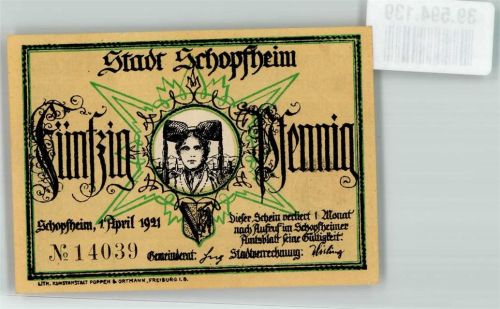 Schopfheim 1921 Schwarzwaldtracht 50 Pfennig Wappen Das Habermuß sign. J.P. Hebel