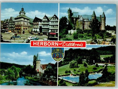 Herborn 1972 Marktplatz Rathaus Schwimmbad Schloss