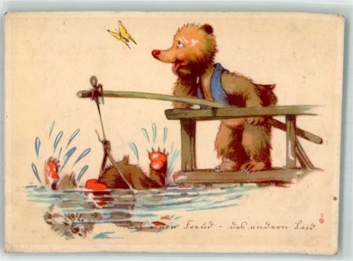 1944 Des einen Freud Des anderen Leid Bärenkind nimmt Artgenossen als Köder beim Angeln Künstlerkarte C. Pohl Nr. 9341