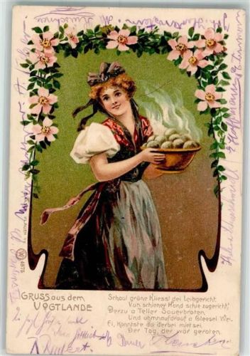 1903 Gruss aus dem Vogtlande Frau in Tracht mit einer Terrine voller Klösse WV 4875