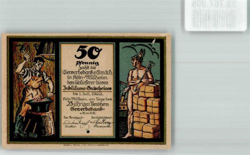 Köln Mülheim 901 50 Pfennig Gewerbe-Bank Jubiläums-Gutschein 25. Bestehen