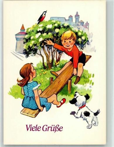 Nürnberg Mädchen und Junge mit Hund und singendem Vogel auf einer Wippe vor den Toren der Stadt Werbung Firma E. Otto Schmidt Lebkuchen und Honig