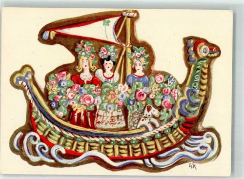 Schiff mit drei Frauen J.V.W. Kunstkarte Nr. 41 sign. Lik