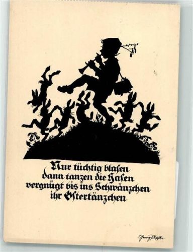 1930 Scherenschnitt Ostern Junge spielt auf der Flöte für tanzende Hasen Tiere vermenschlicht