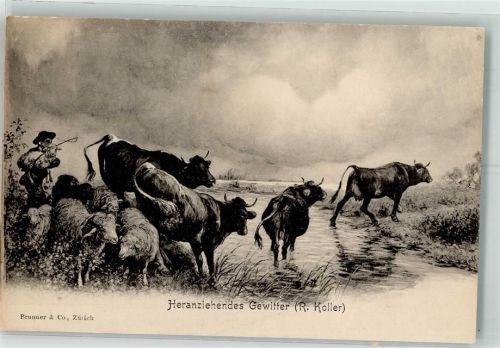 1900 Hirte Kühe Schafe heranziehendes Gewitter
