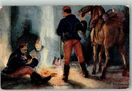 1917 Soldaten vom Balkanmit Pferden am Lagerfeuer Rotes Kreuz Kriegsfürsorgeamt Nr. 365