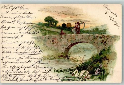 1900 Sonnenschein Karte Serie II Brücke Bauern mit Sense Schwäne