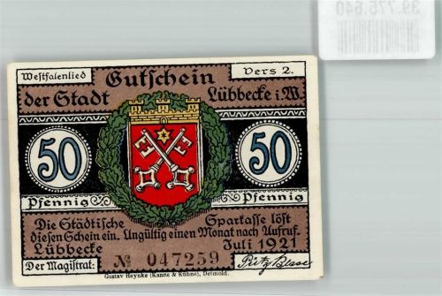 Lübbecke 1921 50 Pfennig Gutschein No. 047259