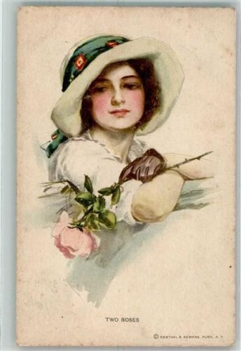 1914 Series No. 382 Two Roses Junge elgante Frau mit einer großen Rose Hutmode