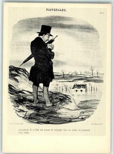 sign. Daumier, Honore Ländliche Idyllen Mann beäugt sein im Hochwasser versunkenes Haus Karikatur Hochwasser Künstlerkarte