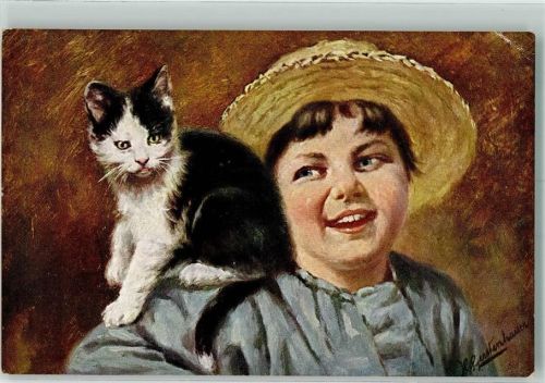 Lachendes Mädchen mit Strohhut und Katze auf der Schulter Künstlerkarte