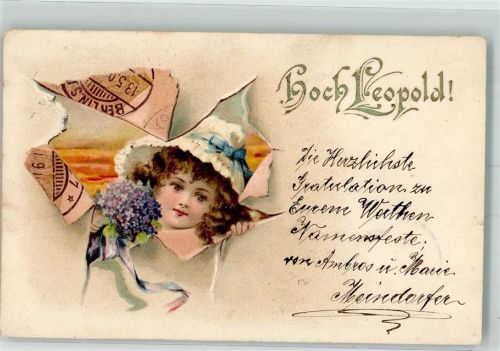 1902 Namenstag Hoch Leopold Kind Veilchen Lithographie
