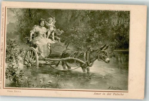 Amor in der Patsche Kutsche Esel Fr. A. Ackermann`s Kunstverlag No. 1122