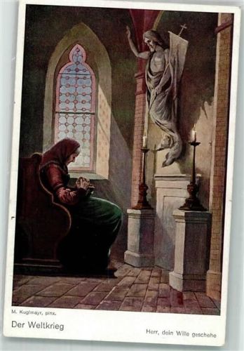1915 sign. Kuglmayr Alte Frau betet in der Kirche vor einer Jesusskulptur WK I ASM No. 1407