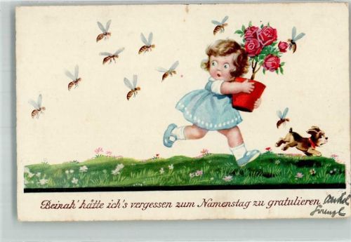 Verlag WS + SB 4956 Namenstag Kind Blumentopf Hund Biene 1936 Künstlerkarte