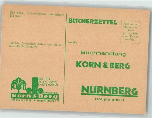 Nürnberg Bücherzettel Buchhandlung Korn & Berg Hauptmarkt 9