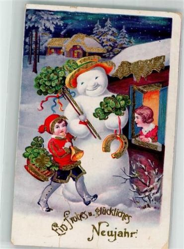 1937 Ein lachender Schneemann zu Neujahr Glücksklee Hufeisen Winter Rokat 1491