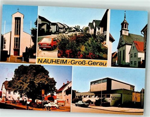 64569 W6085 Nauheim , Kr Groß-Gerau - St. Jakobus Kirche Ev. Kirche Rathaus VW Golf