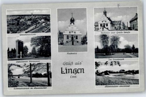 Lingen Gesamtansicht, Rathaus, Große Straße, Gefallenen Ehrenmal, Eisenbahnbrücke, Wasserfall, Stadtpark