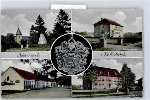 Schwanewede Kirche, Kreissparkasse, Rathaus, Schule, Wappen