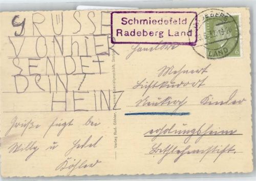 01454 O8142 Radeberg , Sachs - Landpoststempel Schmiedefeld Stolpen