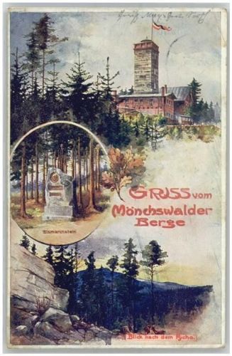 02681 O8609 Wilthen Lithographie / Künstlerkarte Mönchswaldeer Berg Bismarkstein Gasthaus Aussichtsturm