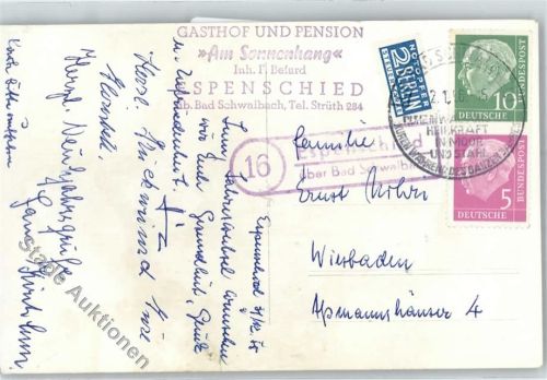 65391 W6223 Espenschied - Landpoststempel Gasthaus Pension Am Sonnenhang Notopfer